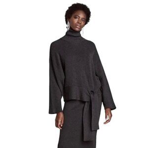 Zara Knit Oversized Turtleneck Sweater Ribbed Boxy Tie Front S